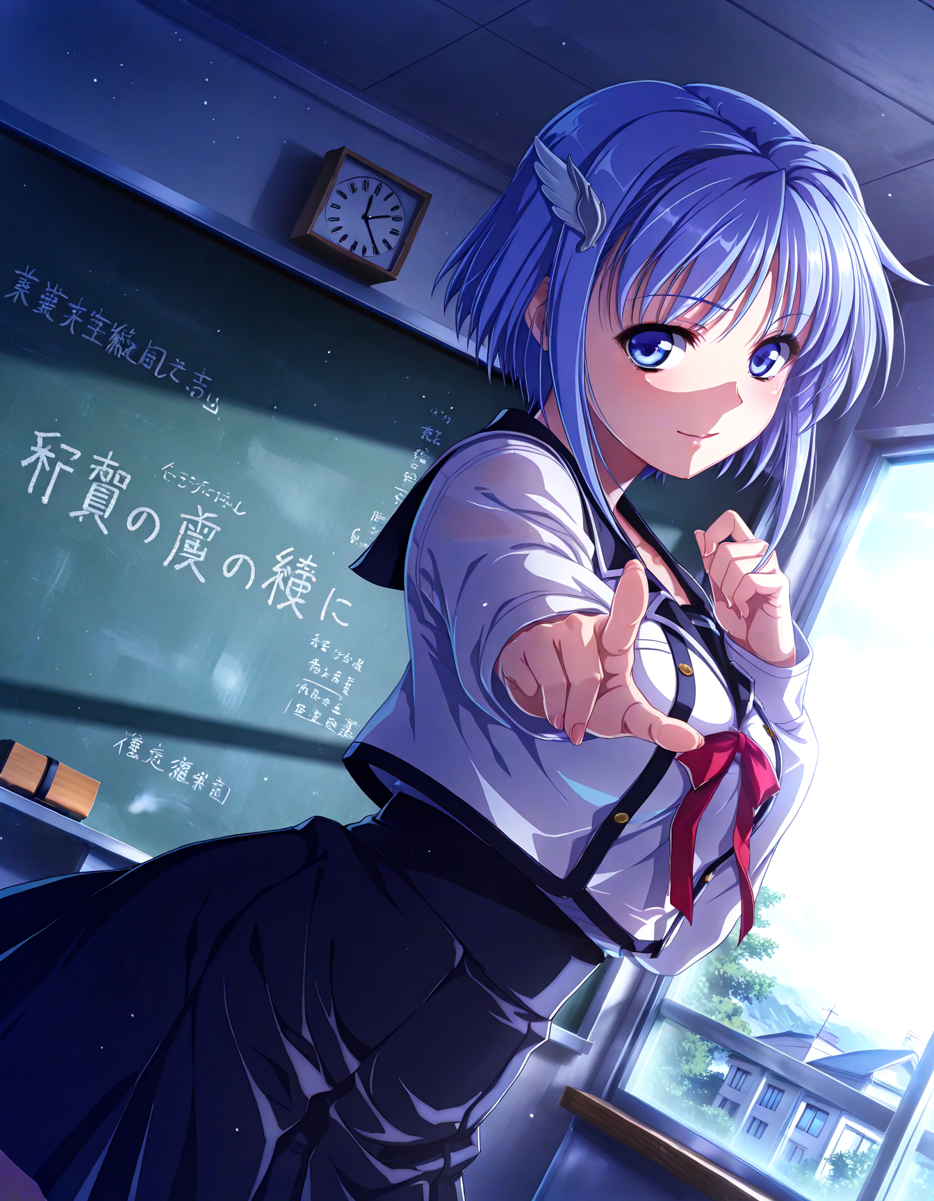 (1girl, solo:1.3), (2girls, 3girls, 4girls, multiple girls, 2boys, 3boys, 4boys, multiple boys:-1.5) <lora:Kajio_Honoka_Denshanai_de_Now_Illustrious:0.9>, kajio_honoka, medium breasts, blue eyes, blue hair, short hair, bangs, sidelocks, hair ornament, school uniform, serafuku, red ribbon, black skirt, pleated skirt, light smile, open eyes, general, contrapposto, dynamic pose, pointing at viewer, portrait, from side, pov, dutch angle, indoors, school, classroom, chalkboard, (text, board eraser:-2.0), (white theme:1.3), window, outdoor view, , <lora:NOOB_EPSv1_1_detailer_by_vlnvk_v1_0:1.5>, (photo background:0.7), evening, (tachibana yuu:0.6), inue shinsuke, (kazuma muramasa:0.0), saikawa yusa, (aoi manabu:0.6), abarerumidori, (suzui narumi:0.6), masterpiece, newest, absurdres, 8K, anime screenshot, anime coloring, flat color, official art, film grain, <lora:illustriousXLv01_stabilizer_v1.185c:0.7>, <lora:LECO_Solo:-4.0>,