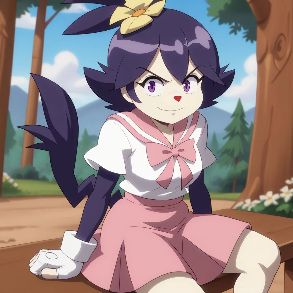 score_9, score_8, score_9, BREAK,, dot warner, purple hair, hair flower, purple eyes, white shirt, pink skirt, tail, furry, animal nose, sitting, outdoors, forest