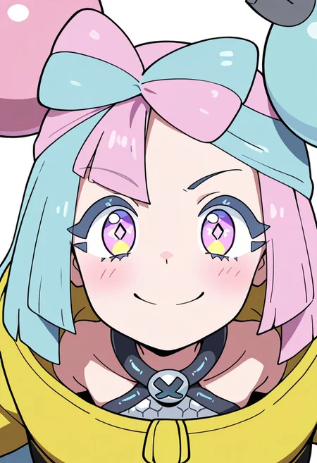 masterpiece, best quality, solo, curvy, beautiful eyes, girl, solo, smile, looking at viewer, dynamic pose, from below, (fisheye), foreshortening, close up, (leaning forward, eye focus, side view), anime screenshot,
(upper body), white background,
zzIono, solo, 1girl, long hair, pink eyes, blue hair, pink hair, light blue hair, multicolored hair, bow-shaped hair, yellow jacket,
electricity, blue electricity, pink electricity, excessive energy,