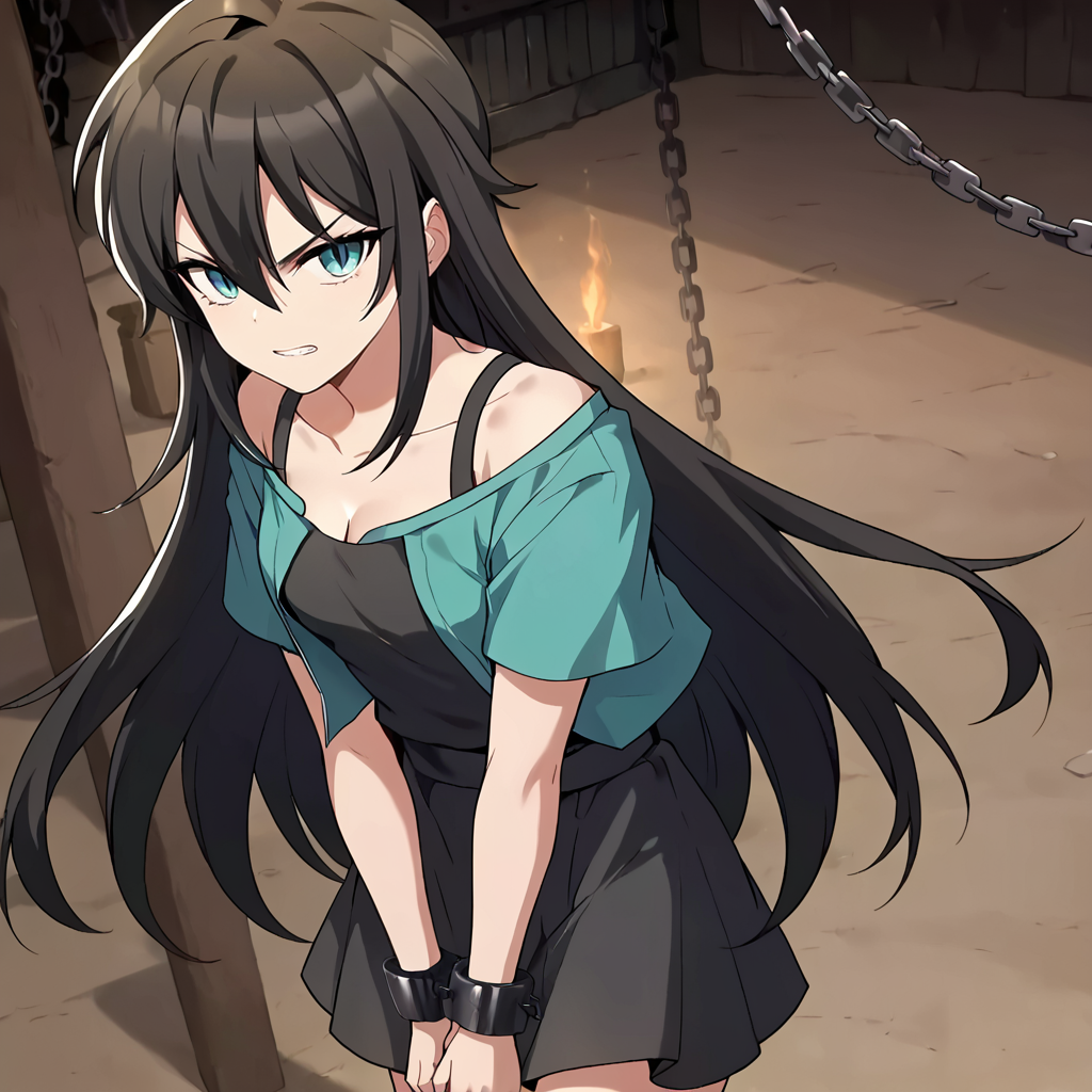 1girl, solo, rurin, long hair, black hair, dress, green jacket, open shirt, aqua eyes, slit pupils, hair between eyes, collarbone, short sleeves, bangs, black dress, black tank top, looking at viewer, small breasts, hips, thighs, cleavage, bare shoulders, (bound wrists:1.2), (chained wrists:1.2), (own hands together:1.2), arms down, bound, cuffs, glaring, clenched teeth, standing,  facing viewer, 
score_9, score_8_up, score_7_up, masterpiece,
<lora:Rurin_r1:0.8>