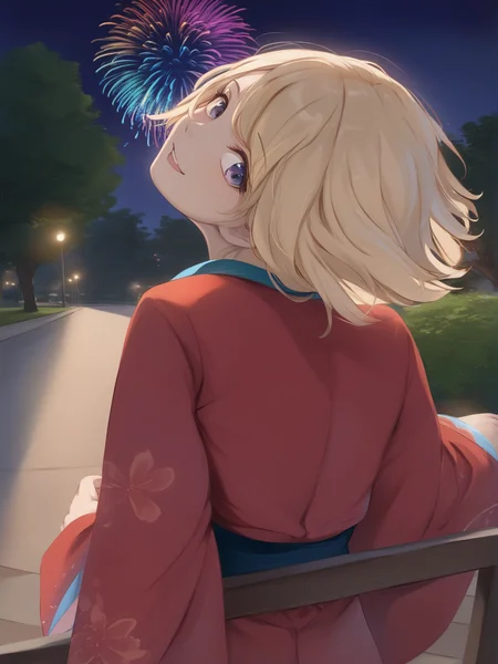 score_9, score_8_up, score_7_up, best quality, masterpiece, 4k, uncensored, perfect lighting, very aesthetic, anime BREAK,
1girl, (shaft head tilt), <lora:shaft_head_tilt-PD-1.0:1>,
blonde hair, bob cut, mirai_hikari, park bench, red kimono, night, fireworks, happy, looking back, leaning back