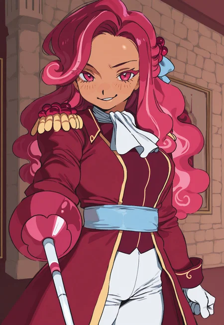 whoopsatr, anime, masterpiece, best quality, detailed background, 8k, 1girl, solo, raspberry cookie, tan skin, pink hair, long hair, blue hair ribbon, light hair streaks, white eyelashes, pink eyes, cravat, red coat, epaulettes, blue waistband, white gloves, white pants, holding weapon, rapier, standing, castle wall, indoors, face close-up, smirk, half body, staring at viewer, no pose,