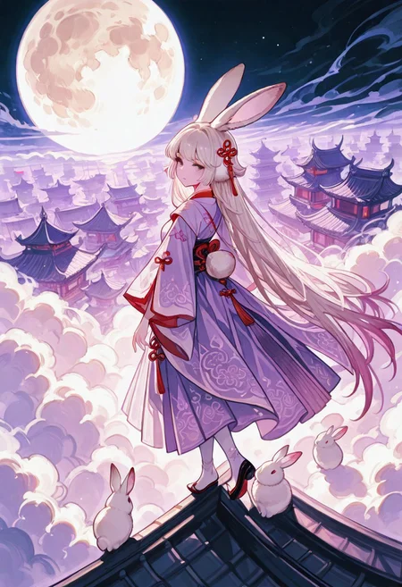 masterpiece, best quality, amazing quality, very aesthetic, absurdres, newest, A beautiful traditional Chinese woman gracefully stands on the clouds at the edge of the roof, Walking on the clouds, her elegant silhouette outlined against the dark night sky., She gazes up at the full, round moon that illuminates the heavens with a soft, ethereal glow. Her delicate hanfu, embroidered with intricate patterns, flow gently in the night breeze, catching the faint light of the moon.
BREAK
Wererabbit, rabbit ears, fluffy, uncensord, droopy ears, from above,
