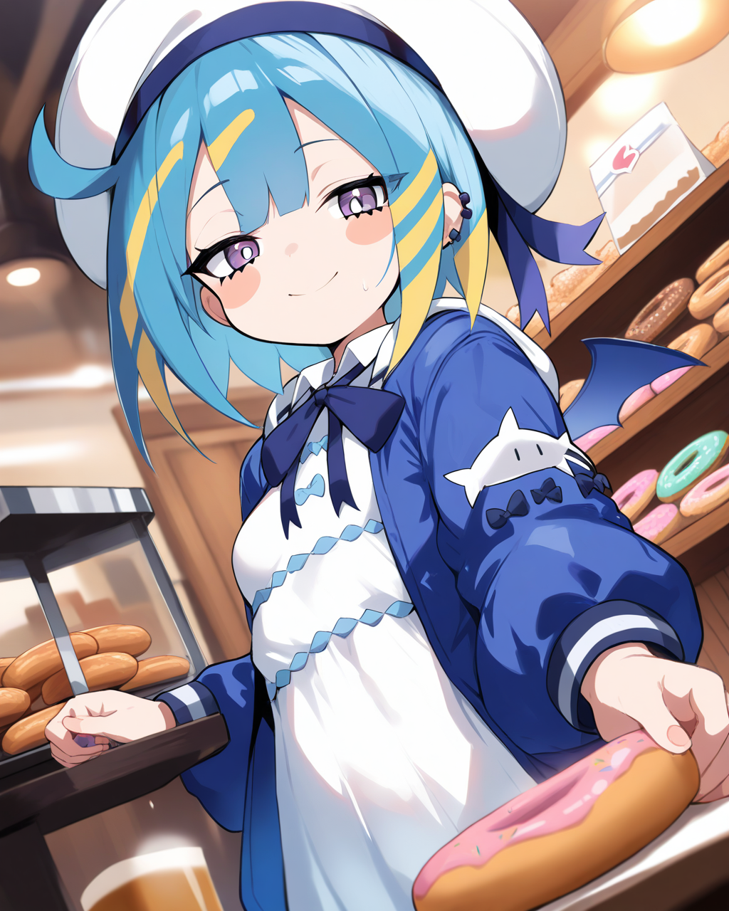 1girl,
LiveTwinLil-laYu-Gi-Oh,
sensitive, solo, dynamic angle, upper body, chibi,
looking viewer, blush stickers,
dating, holding, donuts, happy,
sailor hat, hat ribbon, 
hooded jacket, neck ribbon, puffy sleeves,
collared dress,
breasts,
cafe,
depth of field,
<lora:kp_LiveTwinLil-laYu-Gi-OhAnimagineXL_v1_1:1.0>,
masterpiece, high score, great score, absurdres