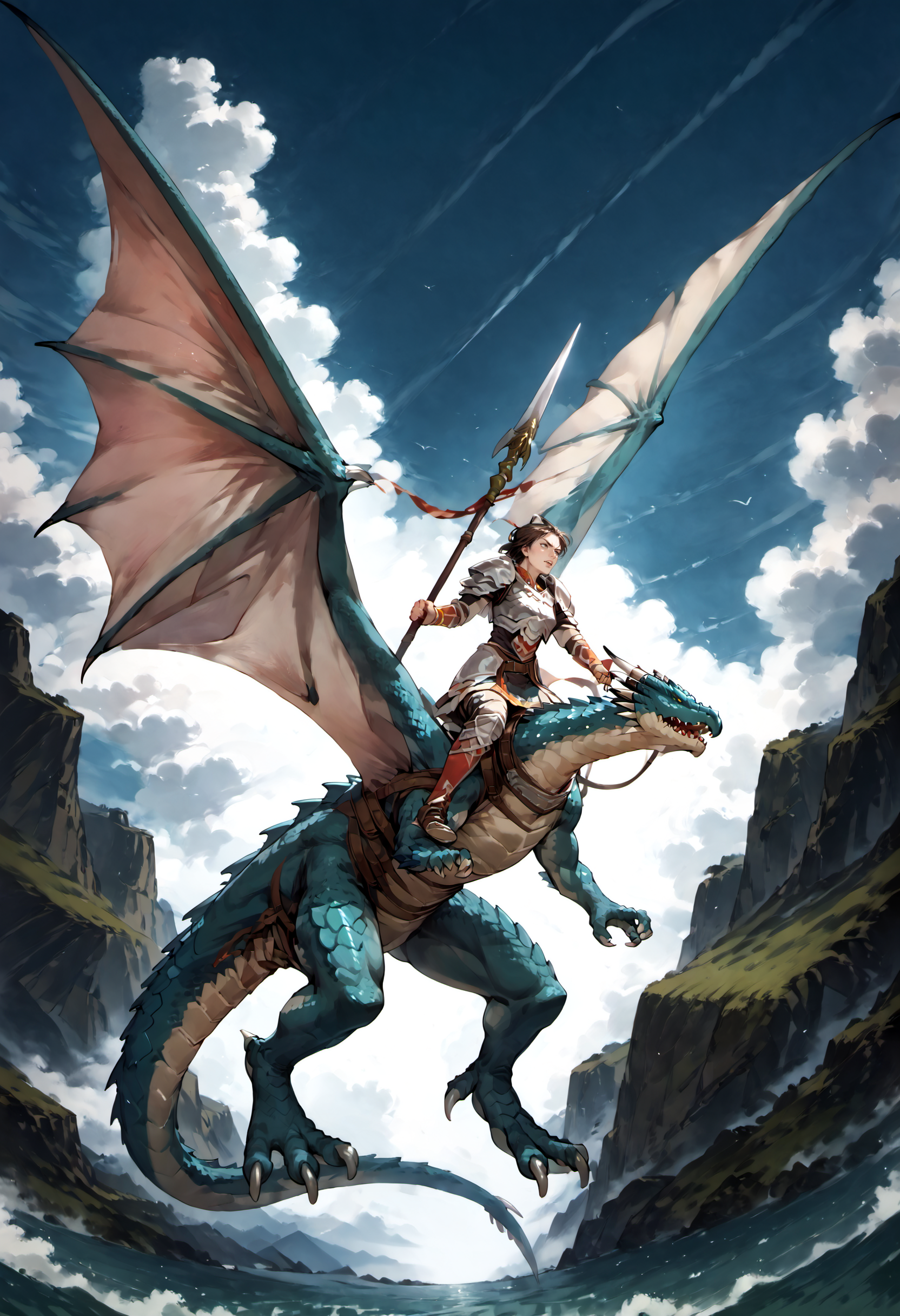 score_9,score_8_up,score_7_up,extreme detailed,zPDXL,sky,flying BREAK 1girl,
<lora:Pony_DetailV2.0:1> BREAK wyvern rider,wyvern,wings,dragon riding,dragon wings,armor,holding polearm,<lora:wyvern rider-pony:0.9>,fighting stance,close-up,