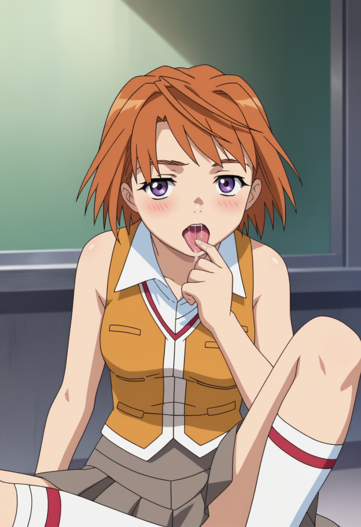 score_9, score_8_up, score_7_up, source_anime, 
BREAK
1girl, solo, anime screencap, anime coloring,   
<lora:shiMaiTokihaV1:1>, shimaiother, orange hair, purple eyes, short hair, 
sleeveless shirt, school uniform, orange vest, bare shoulders, 
pleated skirt, white socks, 
looking at viewer, tongue out, saliva trail, blush,