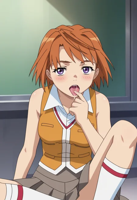 score_9, score_8_up, score_7_up, source_anime,
BREAK
1girl, solo, anime screencap, anime coloring,
<lora:shiMaiTokihaV1:1>, shimaiother, orange hair, purple eyes, short hair,
sleeveless shirt, school uniform, orange vest, bare shoulders,
pleated skirt, white socks,
looking at viewer, tongue out, saliva trail, blush,