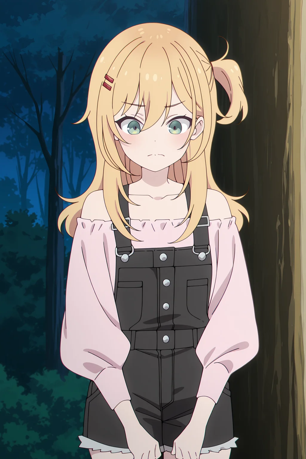 volumetric lighting, official style, amazing quality, ultra detailed, highres, detailed background, anime screenshot, anime screencap, anime coloring, masterpiece, detailed face,1girl <lora:nana_hoshi__-20:0.9>nana_hoshi, nana_hoshi(outfit 2), blonde hair, long hair, pink off-shoulder shirt, black overalls, long sleeves, hair ornament, green eyes, one side up, closed mouth, collarbone, bare shoulders, bangs, outdoors, hair between eyes, tree, solo, cowboy shot