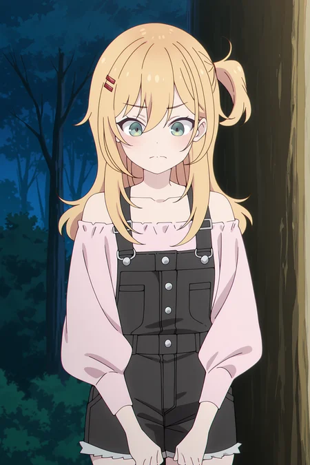 volumetric lighting, official style, amazing quality, ultra detailed, highres, detailed background, anime screenshot, anime screencap, anime coloring, masterpiece, detailed face,1girl <lora:nana_hoshi__-20:0.9>nana_hoshi, nana_hoshi(outfit 2), blonde hair, long hair, pink off-shoulder shirt, black overalls, long sleeves, hair ornament, green eyes, one side up, closed mouth, collarbone, bare shoulders, bangs, outdoors, hair between eyes, tree, solo, cowboy shot