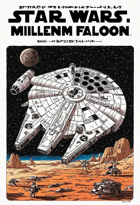 Japanese Manga book cover of star wars Millennium Falcon, book cover with text "Star Wars", Akira toriyama style , blank background , full colour, hand drawing