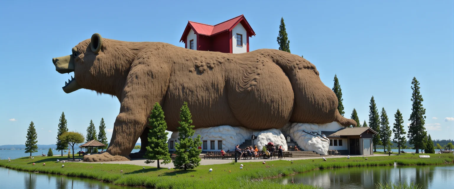 Diorama rendering, a traditional  futuristic novelty architecture  building shaped like a choking grizzly bear operating as a nightclub in a Belarusian swamplands.