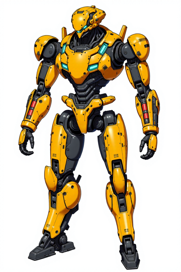 <lora:Mecha_Anime_style_v.1:0.8>  A sleek humanoid combat exosuit illustrated in detailed anime-tech schematics style, featuring a matte charcoal-black inner frame enveloped in modular yellow armor plating across the shoulders, chest, and forearms, with vibrant red and cyan cable arrays exposed along the spine and elbow joints. The mechaâs design integrates fine-grain panel segmentation, micro-decal markings, and visible actuator seams, evoking high-performance mobility and reinforced tactical structure. Light cel-shading enhances the dimensionality of overlapping armor layers, while sharp ink lines define each rivet, piston, and flex joint. The pose is neutral yet dynamic, and the bright white background isolates the exosuitâs silhouette, drawing full attention to its industrial precision and color-coded structural design.