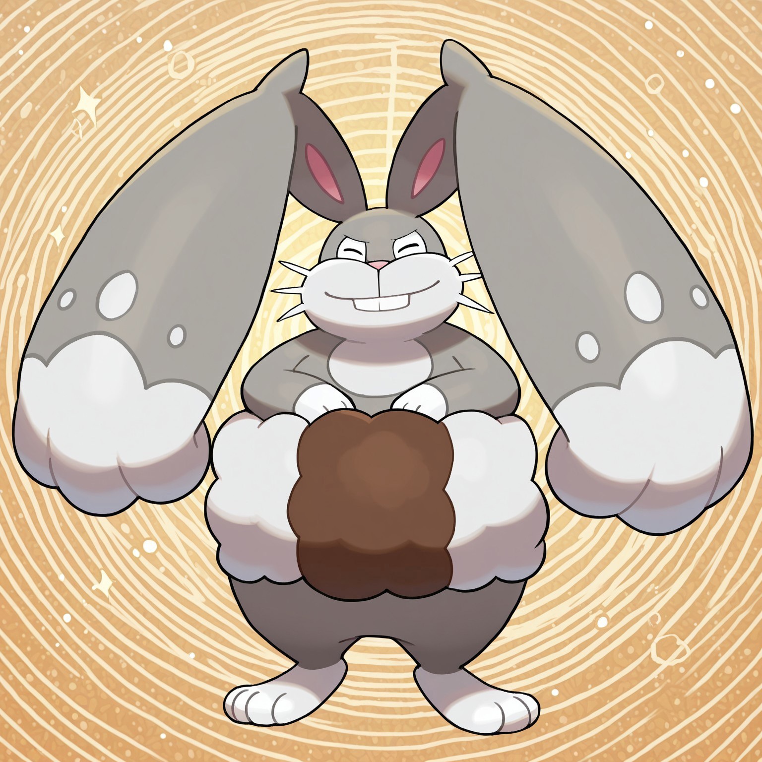 Diggersby, solo, pokemon (creature), rabbit, buck teeth, white sclera, gray body, fluffy, (brown and white fur), ((white muzzle, white neck)), multicolored fur, white hands, pink nose, white whiskers, huge ears, pink inner ears, three toes, three fingers, white feet, gray and white ears

BREAK smiling, standing, facing viewer, abstract background, ((sparkles))

BREAK best quality, amazing quality, very aesthetic, absurdres, newest, high quality