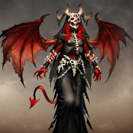 masterpiece, best quality, newest, absurdres, highres, H6UAS-V1.0IL, realistic, 1girl, red skin, red colored skin, demon girl, succubus, demon horns, horns, demon wings, demon tail, wings, horror (theme), monster girl, skull, skull mask, bones, skeleton, veil, veiled face, mask,