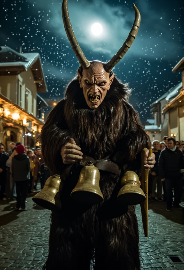 A scene of one Krampus figure standing in a village square with large, decorated bells and glowing eyes, surrounded by terrified children, under the glow of a full moon, with snowflakes gently falling, creating a mystical, haunting ambiance, in sharp focus, with crisp details, and a freeze-frame effect.<lora:bv-krampus-v1.safetensors:1.0:1.0>