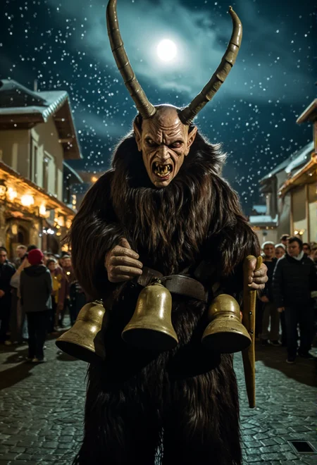 A scene of one Krampus figure standing in a village square with large, decorated bells and glowing eyes, surrounded by terrified children, under the glow of a full moon, with snowflakes gently falling, creating a mystical, haunting ambiance, in sharp focus, with crisp details, and a freeze-frame effect.<lora:bv-krampus-v1.safetensors:1.0:1.0>