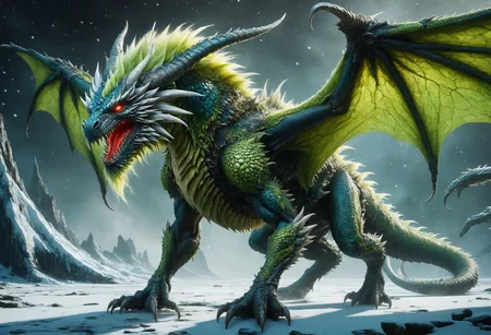 awesome quality, dynamic,DonMDr4g0nXL dragon from behind,a nestled hydrodynamic wind stocky Mushussu, fur skin, crest, insectoid head, variable webbed legs, , chartreuse frozen void <lora:DetailedEyes_V3:0.8>,<lora:myLora\DonMDr4g0nXL-v1.1rb>