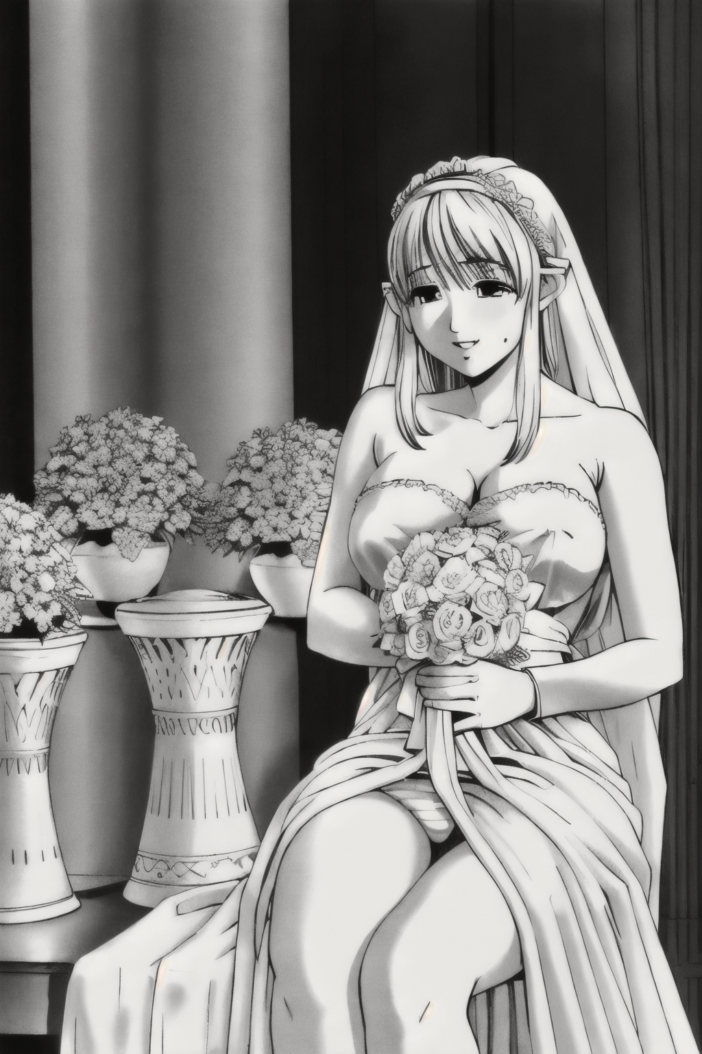 (Realistic:1.5) (masterpiece) formal, bonnet, tongue out, saliva, toe scrunch, wedding, evil grin, striped panties, curtains, bouquet, crescent moon, wedding dress, elf, blood from mouth, towel, v, breasts squeezed together, ribbon, biting, mole under eye, <lora:EdobComic02_v1.0:0.8>