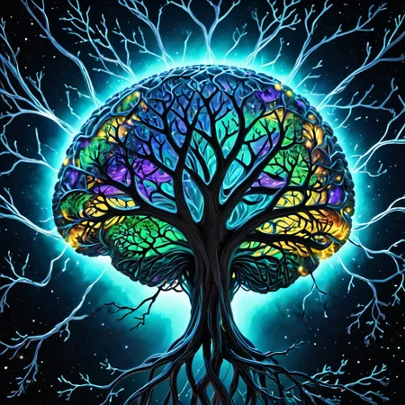 biolumen, detailed human brain, tree, leaf, branches, stem, galaxy, night sky, BL4CK3STBL4CK, black_theme, matte_color, flat color