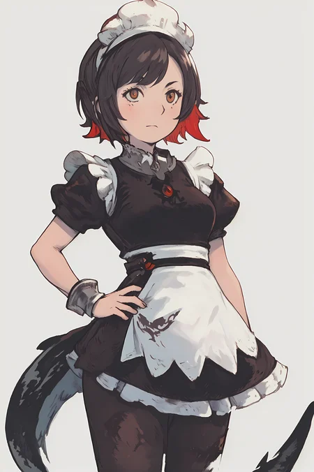 score_9, score_8_up, score_7_up, (masterpiece:1.4), (best quality:1.4), (Yoshida_Akihiko_PonyXL_style_v02.10.01:1.0), solo, 1girl, gray background, (chibi) ellenjoe, ellen joe, black hair, colored inner hair, multicolored hair, red eyes, red hair, short hair, two-tone hair, apron, black pantyhose, black shirt, black skirt, ear piercing, fins, fish tail, maid, maid apron, maid headdress, pantyhose, piercing, puffy short sleeves, puffy sleeves, shark girl, shark tail, shirt, short sleeves, skirt, tail, two-tone hair, wrist cuffs, stand, hands on hips, (Bravely Default Style), yoshida akihiko, serious face, (red eyes:1.5), <lora:pony\char\game\zzz\ellen-joe-ponyxl-lora-nochekaiser.safetensors>, <lora:pony\style\Yoshida_Akihiko_PonyXL_style_v02.10.01.safetensors>, <lora:styles\yoshida_akihiko_offset.safetensors>, <lora:styles\BravelyDefault.safetensors>, <checkpoint:[Pony] prefectPonyXL_v10.safetensors>, <checkpoint:[SD15] flat2DAnimerge_v45Sharp.safetensors>, <checkpoint:[SD15] Anime_Sketchink.safetensors>