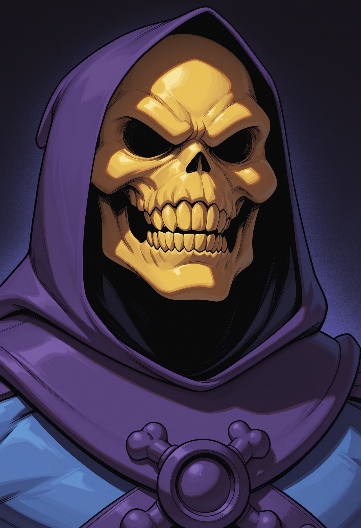 portrait, male focus, shadow, sk3let0r, teeth, hood, big pecs, broad shoulders, detailed, perfect anatomy, masterpiece, high quality, best quality, highres, absurdres, aesthetic, 2023, 2022, 2021, <lora:Skeletor_MastersOfTheUniverse_V1_ILXL:1>
