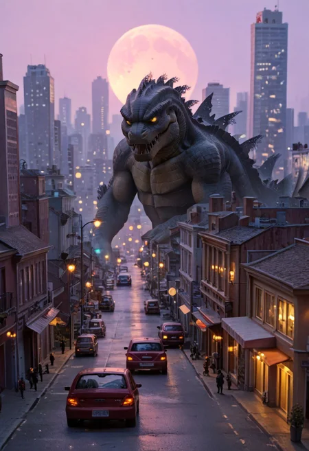 Score_9, score_8_up, score_7_up, score_6_up, zPDXL3, no_humans, wide shot, BREAK, realistic,hyperrealism,ornate,studio photograph, mesogts Godzilla, model_building, model_kit_(medium), M1n14tur3 city skyline, lastic buildings, forced perspective, purple sky, yellow full moon, blurry background, building, outdoors, night, model city, plastic buildings, plastic, model buildings, toy car, toy buildings,