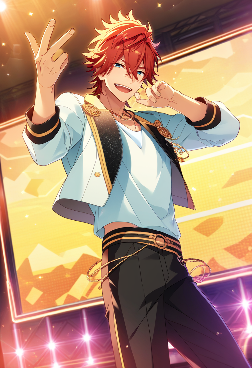 1boy, male focus,
  <lora:Amagi_Rinne_Pony__Ensemble_Stars:0.8> amagi rinne, red hair, blue eyes
((zPDXL)), score_9_up, score_8_up, score_7_up, score_6_up, score_5_up, score_4_up, best quality, amazing quality, best aesthetic, absurdres, year2023, nsfw, game cg, official art, official style,  uncensored,
singing, on stage, idol clothes, white jacket, black pants, white shirt, necklace, idol clothes, smile, cowboy shot,