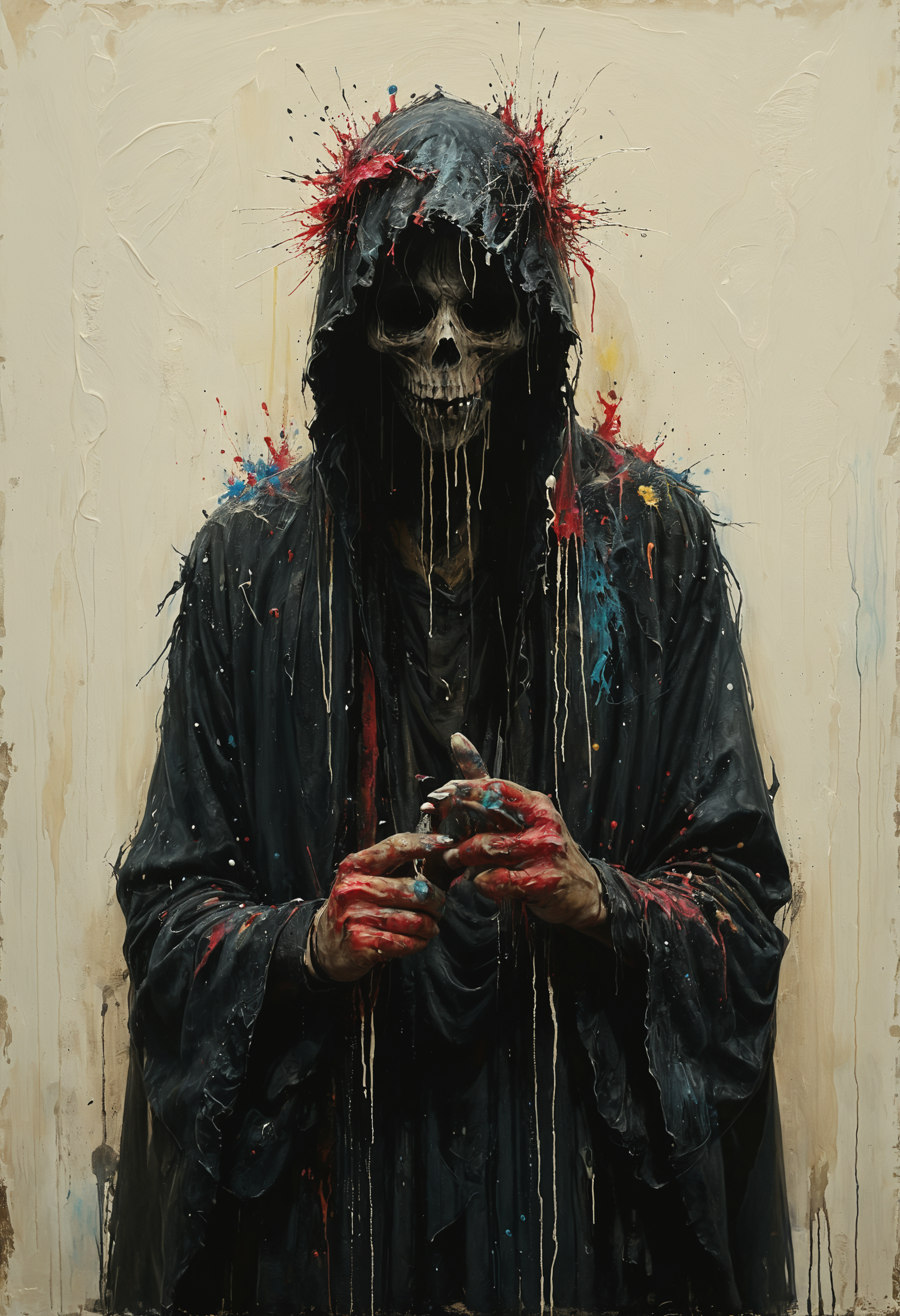 Cloaked figure with elongated, bony fingers, Dramatically lit, <lora:Melting_world:0.8>, <lora:gorgoeus_splash_of_vibrant_paint:0.7> Gorgeous splash of vibrant paint