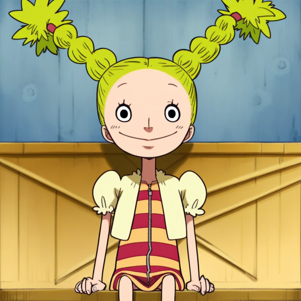 score_9, solo, chim_op, 1girl, blonde hair, twin braids, striped, dress, puffy sleeves, sitting, smile, looking at viewer
