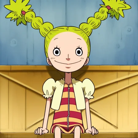 score_9, solo, chim_op, 1girl, blonde hair, twin braids, striped, dress, puffy sleeves, sitting, smile, looking at viewer