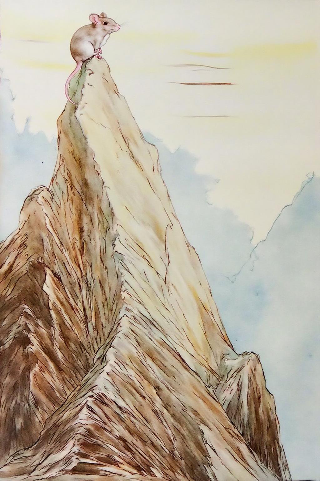 detmo1d watercolor painting.
A watercolor painting featuring a fantastical scene. The main subject is a large, imposing mountain peak in the foreground, rendered in muted earthy tones of brown and beige, with a rugged, jagged texture. The mountain's surface is depicted with fine, detailed brushstrokes, showing cracks and crevices. Atop the mountain, a small mouse is perched. <lora:detmold1_cap_d6a3e13:1.0><lora:831790803077726566:0>