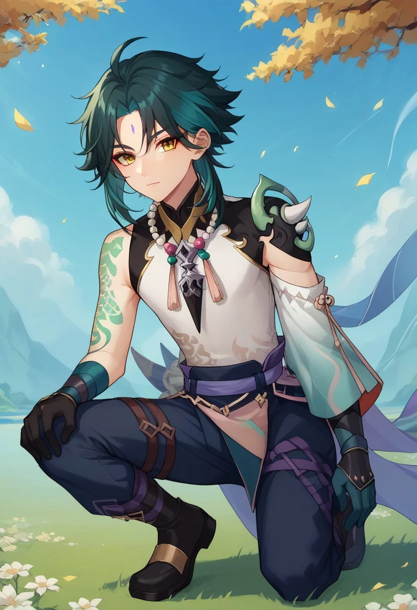 score_9, score_8_up, score_7_up, source_anime, highly detailed, 
xiao, 1boy, male focus, solo, green hair, black hair, two-tone hair, ahoge, yellow eyes, facial mark, forehead mark, bangs, shirt, white shirt, sleeveless, single detached sleeve, shoulder armor, shoulder spiked, spiked, tattoo, arm tattoo, jewelry, beads, necklace, bead necklace, tassel, gloves, black gloves, pants,
outdoor, oriental, wind, on one knee,
