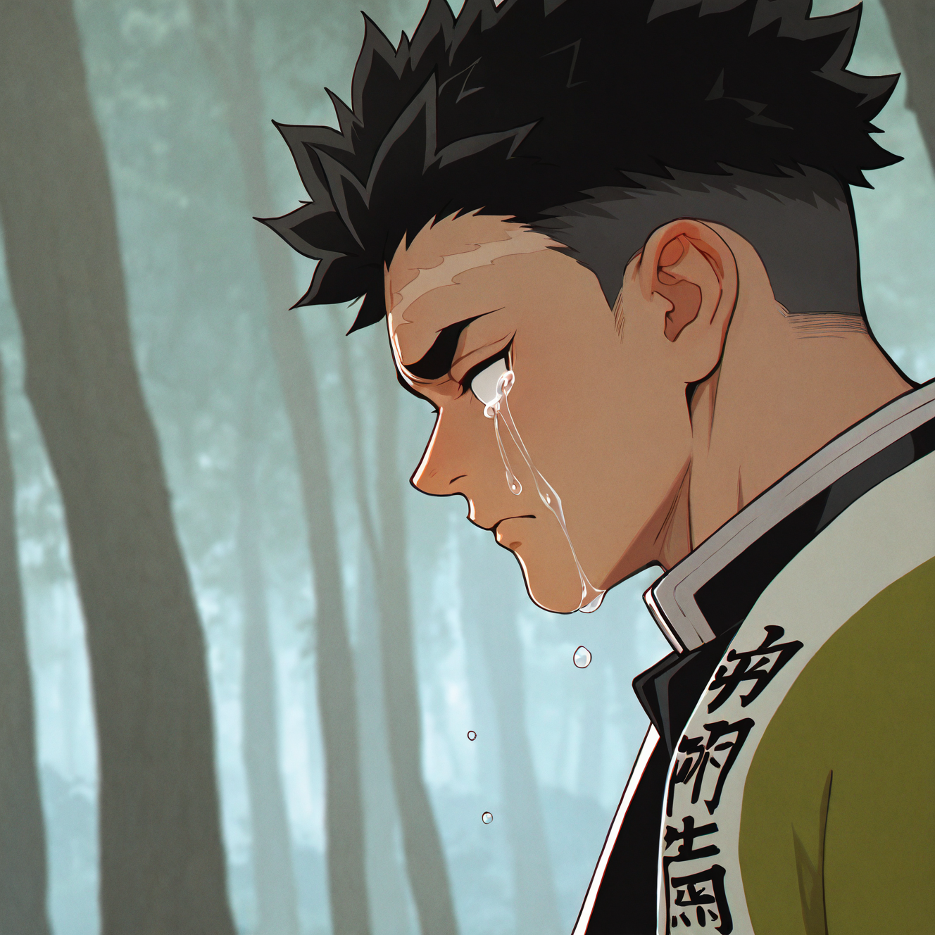 <lora:GYOMEI:1>
gyomei, solo, short hair, black hair, 1boy, closed mouth, upper body, male focus, outdoors, japanese clothes, tears, blurry, from side, blurry background, profile, frown, scar, thick eyebrows, crying, portrait, spiked hair, nature, scar on face, close-up, forest, crying with eyes open, haori, undercut, sad, blank eyes, streaming tears, demon slayer uniform, scar on forehead, jacket
, motion blur, film grain, abstract, natural lighting, fantasy, cinematic, dynamic view, tilted angle, very awa, masterpiece, best quality, absurdres, newest, perfect quality, detailed background, intricate details, (artist:fl \(l-fl\):0.7), (artist:tooboshoo:0.7), (artist:dizdoodz:0.8)