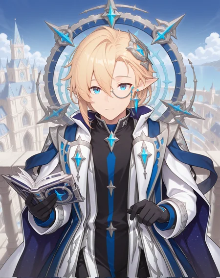 masterpiece, amazing quality, best quality, absurdres, very aesthetic,
1boy, solo, yaoi, male focus, cowboy shot, upper body, looking at viewer, face focus,
<lora:Grandiel_FSI_ilxl:1> grandielfsi, monocle, blonde hair, hair between eyes, blue eyes, pointy ears, short hair,
black gloves, white coat, white robe, long sleeves, black shirt, starry sky print, two-sided fabric, two-sided cape, open clothes, white cape, blue cape, black pants, black footwear, boots, shoes,
hair ornament, gears, earrings, jewelry, single earring,
floating book, open book, floating object, , holding book, stole,
outdoors, day, blue sky,