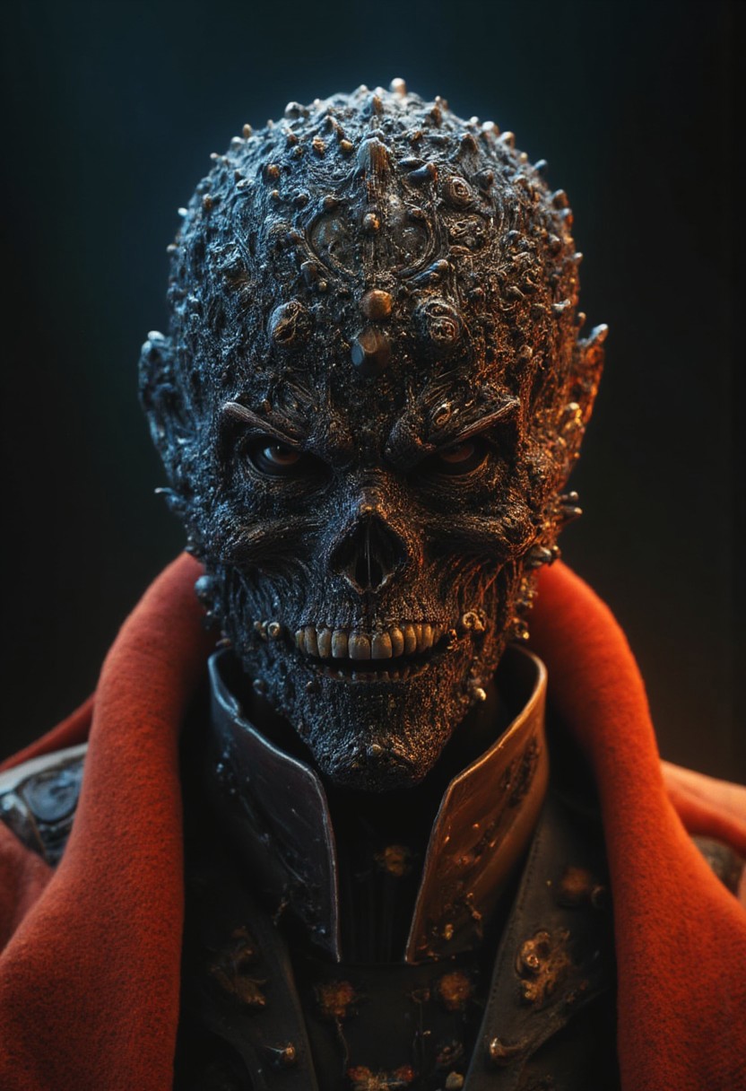 an excentric laughing feudal mad-neon-noir Cyborg Made completely of wires and cables Rococo shinobi, vibrant neon colorful, 80s synthwave style, translucent DARK-amber velvet high collar blouse, the face shrouded in darkness, a Large hooded Linen Cape with Highlights and Ornaments, soothing volumetric lighting, ultra detailed, deep Blacks, very detailed, atmospheric haze, Film grain, cinematic film still, shallow depth of field, highly detailed, high budget, cinemascope, moody, epic