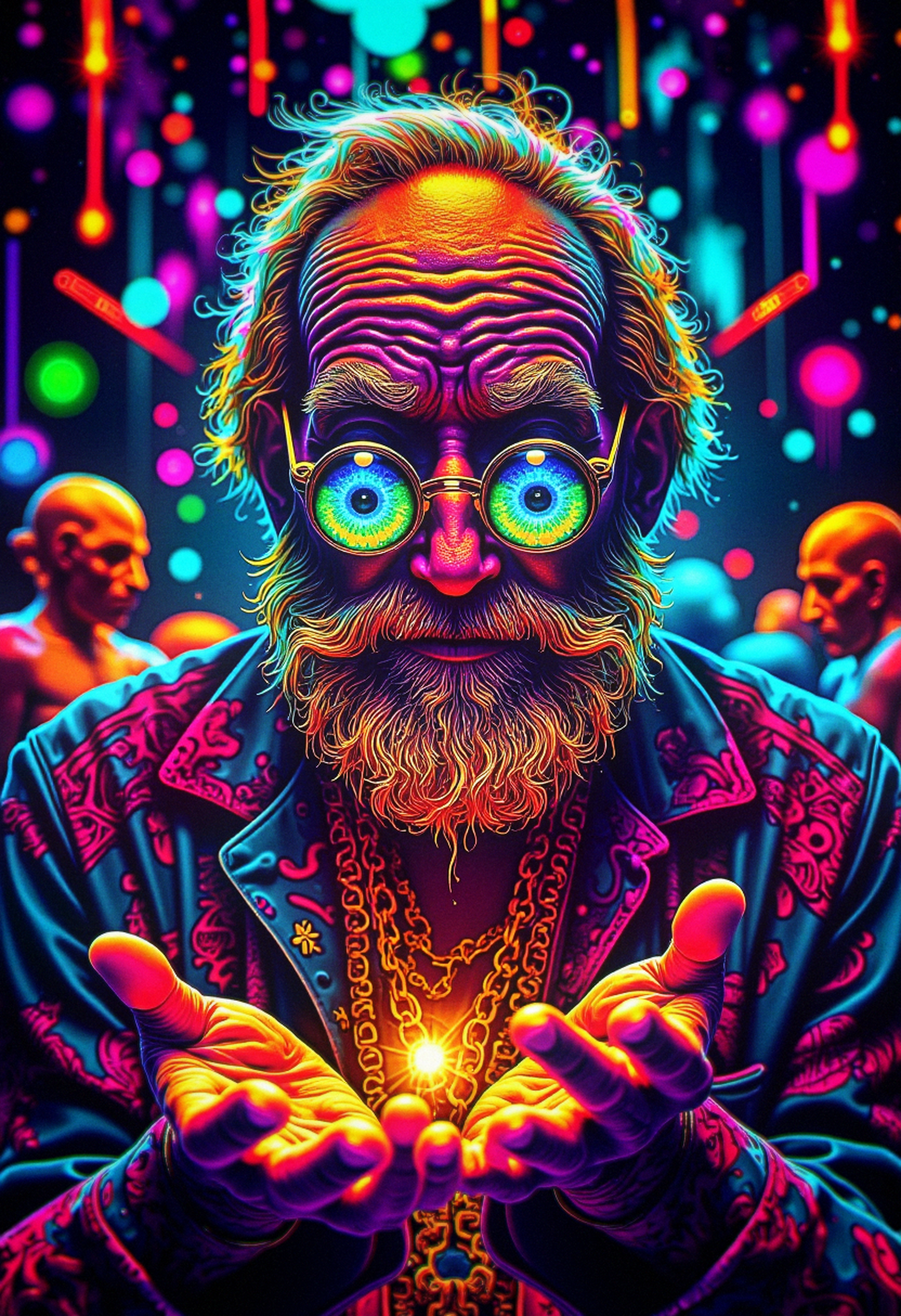 a lettering on top with Text:"Psychedelic Surrealism". an old man with open hands, wearing cybernetics glasses, in a colorful Goa world, bo-psychedelic, psychedelic surrealism. , Lomochrome color film, <lora:Flux\boFLUX Psychedelic Surrealism v1.safetensors:1.0:1.0>