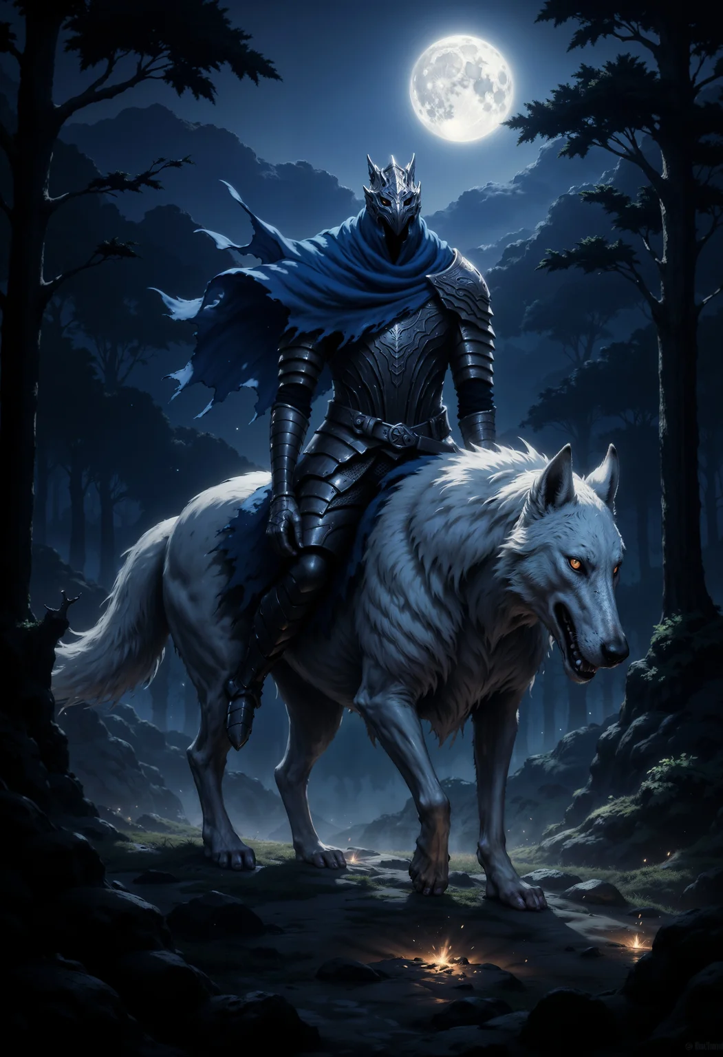 FluxArtorias, A stoic knight embarks on a nocturnal journey through the shadowy forest, perched atop a giant white wolf. His billowing blue cloak stands out against the moonlit backdrop, adding an element of mystery to the scene. This ultra-realistic painting captures every intricate detail of the knight and his companion, bringing them to life in vivid detail. The dark fantasy atmosphere is heightened by the impeccable quality of the image, immersing viewers in a world of enchantment and danger. <lora:FluxArtorias:1> <lora:fluxenhancer:0.5>
