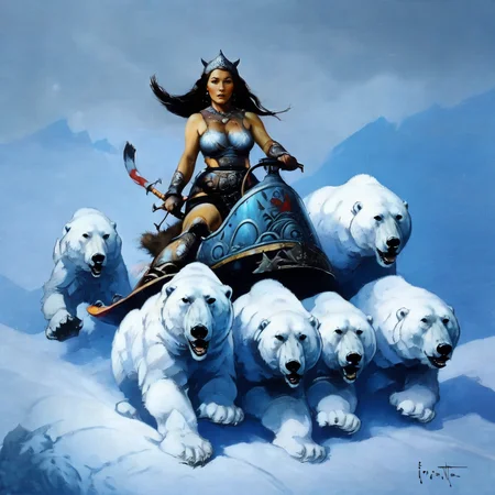 <lora:fr4z3tt4:1>fr4z3tt4 woman warrior riding a polar bear