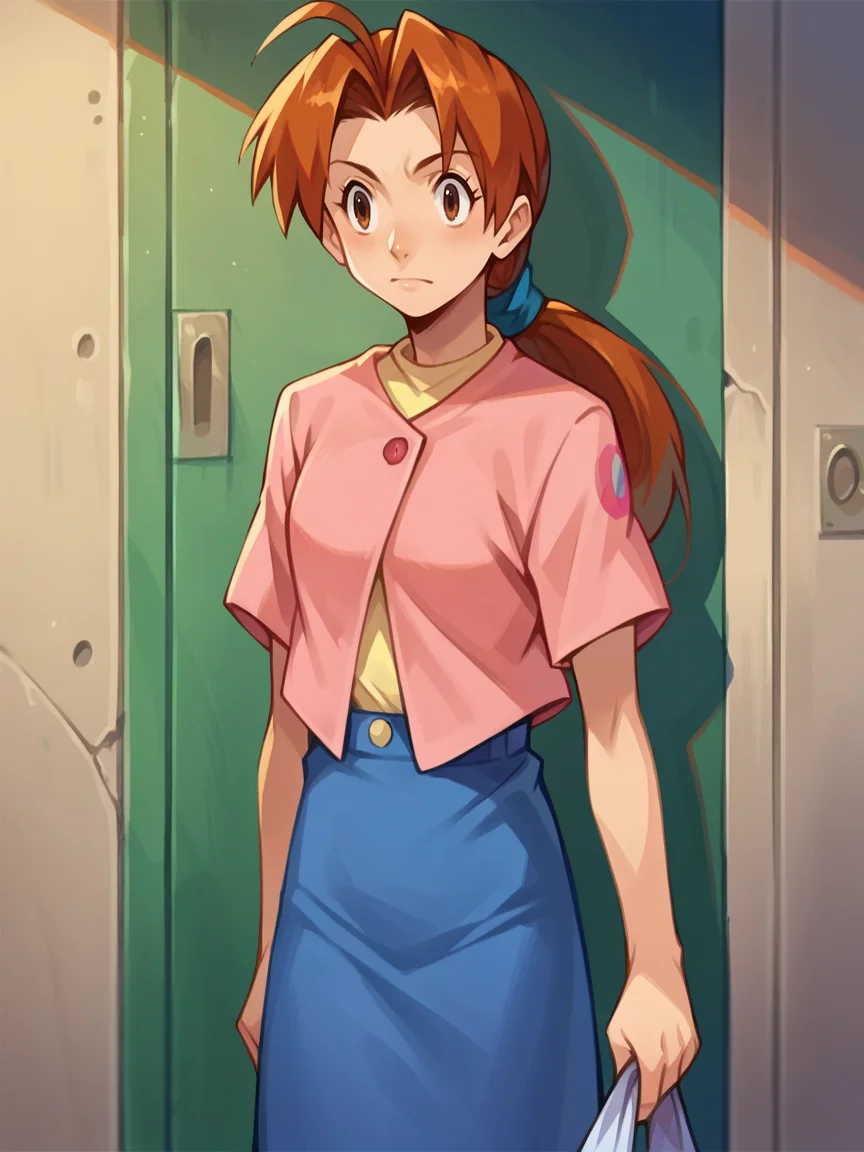 score_9, score_8_up, score_7_up, score_6_up, score_5_up, <lora:DeliaKetchumXLP:1> delia ketchum, 1girl, orange hair, brown eyes, solo, ponytail, skirt, shirt