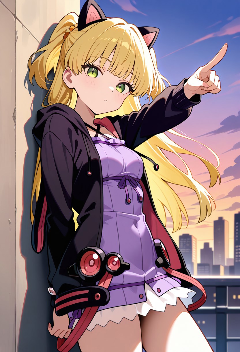 masterpiece, best quality, amazing quality, very aesthetic, absurdres, highres, newest, source_anime,  (embedding:zPDXLxxx:1), Perfect Hands (girl:1.2), (little:1.2), Jougasaki_Rika, 1girl,solo,blonde_hair,(long_hair:1.3),two-side_up,green_eyes,1girl, solo, breasts,large breasts, pointing at viewer, <lora:yukariXL_LoRA-C3Lier_AdamW_Dim16_Alpha16_UN-3e-4_TE-1.5e-4_10batch_ponyDiffusionV6XL_v6StartWithThisOne:1>, yuzuki yukari, criss-cross halter, purple dress, black jacket, hooded jacket, long sleeves, animal ear hood, city, against wall, gradient sky, sunset, cloud