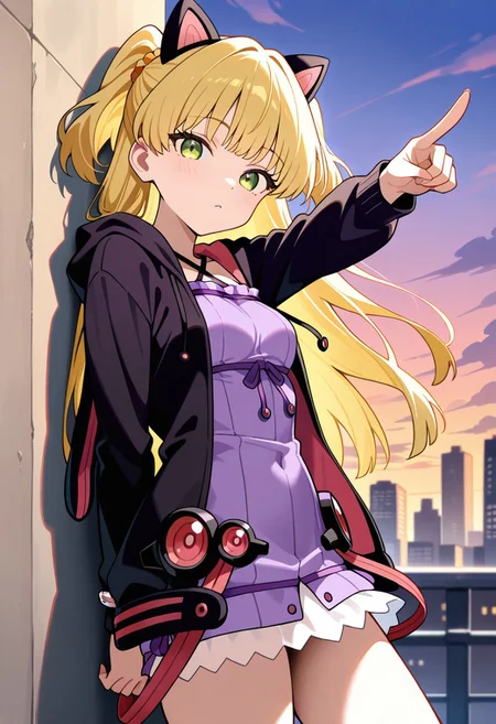 masterpiece, best quality, amazing quality, very aesthetic, absurdres, highres, newest, source_anime, (embedding:zPDXLxxx:1), Perfect Hands (girl:1.2), (little:1.2), Jougasaki_Rika, 1girl,solo,blonde_hair,(long_hair:1.3),two-side_up,green_eyes,1girl, solo, breasts,large breasts, pointing at viewer, <lora:yukariXL_LoRA-C3Lier_AdamW_Dim16_Alpha16_UN-3e-4_TE-1.5e-4_10batch_ponyDiffusionV6XL_v6StartWithThisOne:1>, yuzuki yukari, criss-cross halter, purple dress, black jacket, hooded jacket, long sleeves, animal ear hood, city, against wall, gradient sky, sunset, cloud