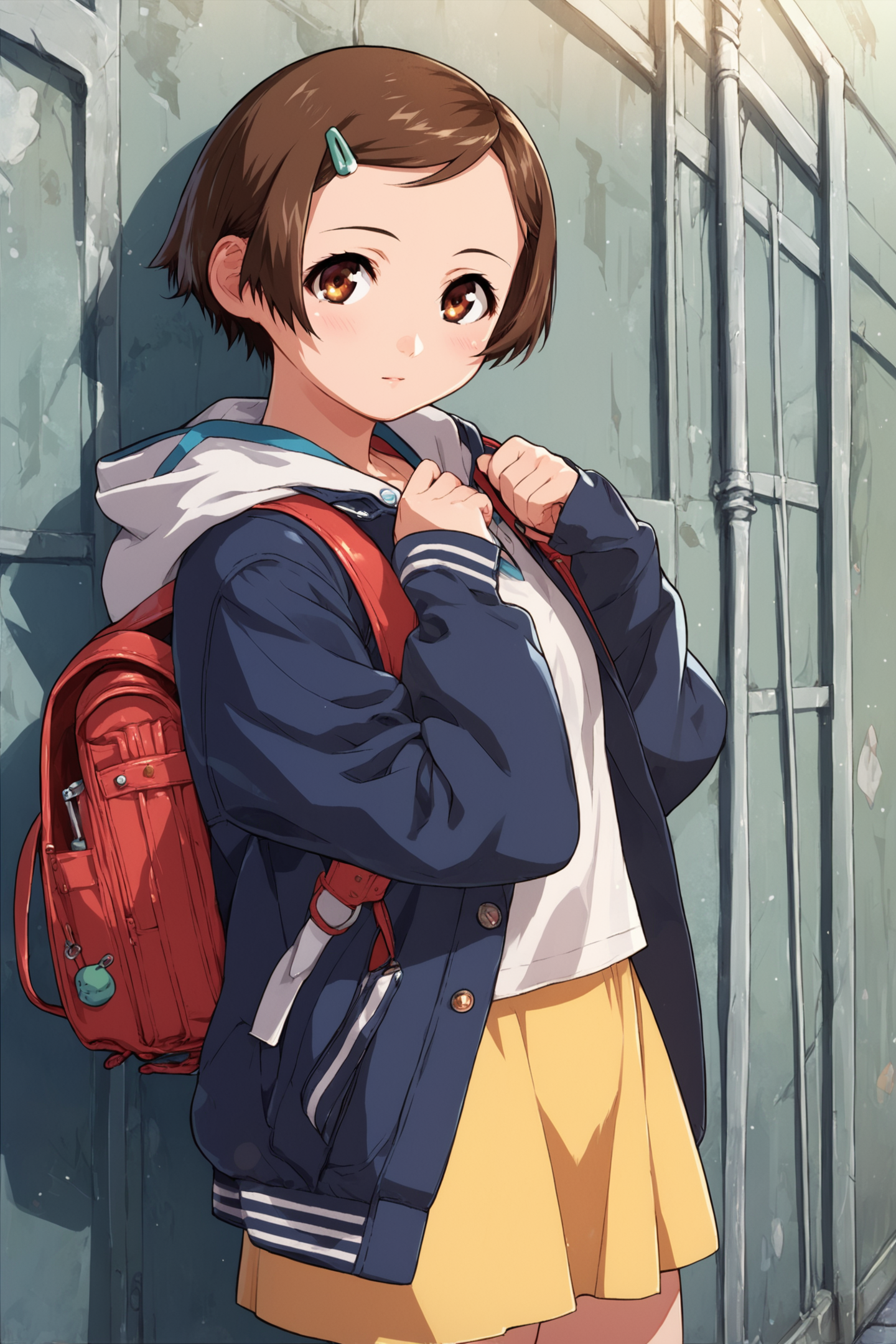 Asami Igarashi,1girl,solo,bag,backpack,hair ornament,short hair,hairclip,brown hair,skirt,hood,randoseru,jacket,brown eyes,score_9,score_8_up,<lora:Yasuomi Umetsu_XL_PONY:0.8>,