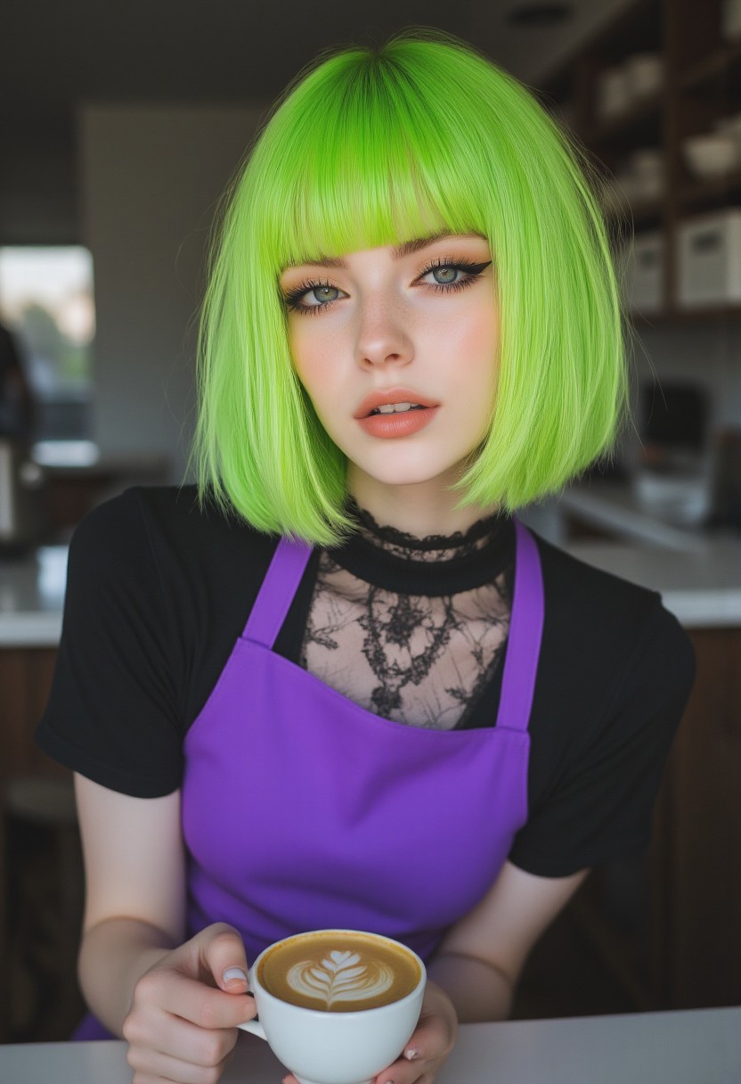 FictionalApple, goth girl with a lime green bobcut with blunt bangs. Wearing a purple apron and making a latte