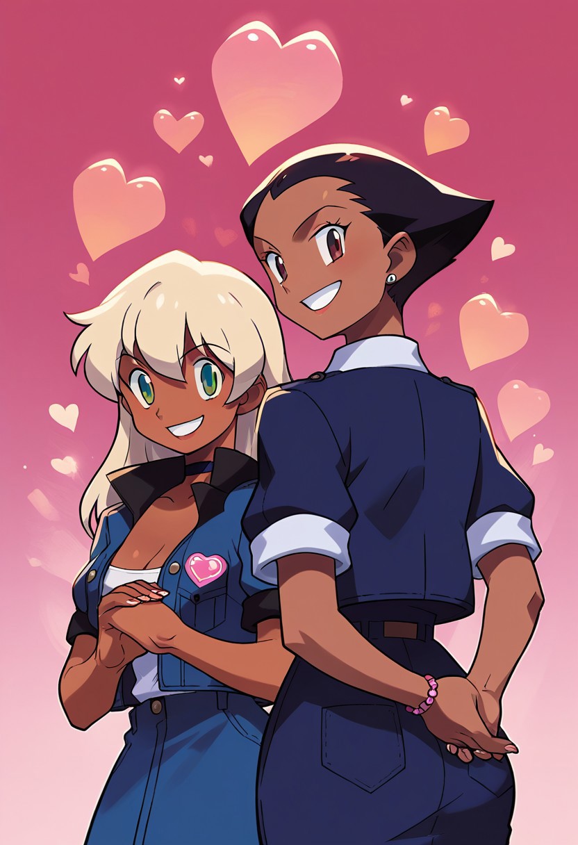 score_9, score_8, score_7, source_anime, jacket, short sleeves, grin, heart, choker, dark-skinned female, own hands together, looking back, 2girls, cleavage