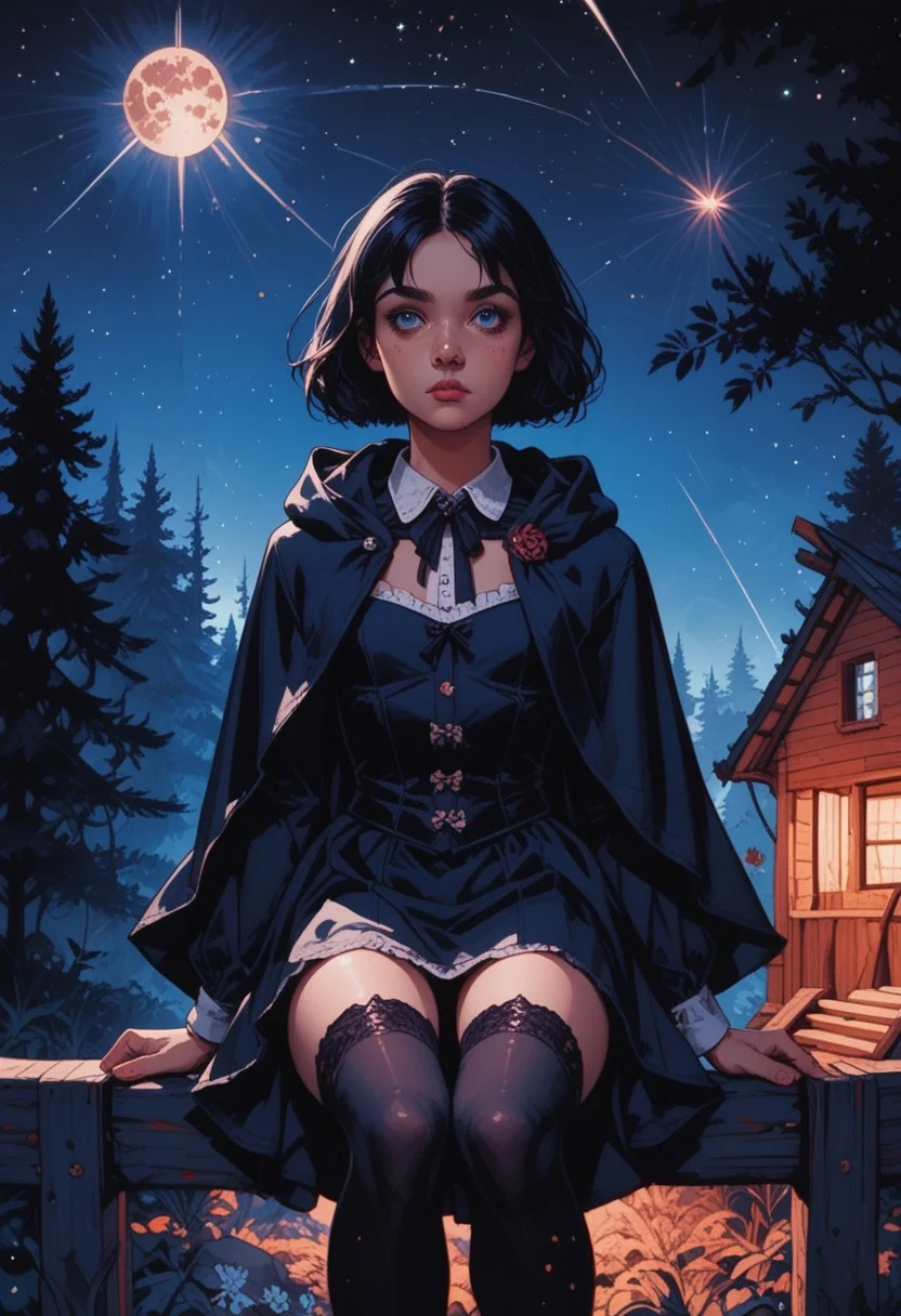 score_9, score_8_up, score_7_up, 1young woman, 20yo, detailed face, jawline, smooth skin, beige skin, beautiful eyes, blue eyes, brunette, small breasts, bob cut hair, dress, corset, hooded red cape, thighhighs, sitting on railing, forest cabin, night, dark shadows, looking at stars, shooting stars, galaxy, masterpiece, best quality, very aesthetic, sun rays,