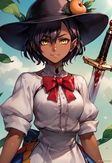 score_9, score_8_up, score_7_up, score_6_up, score_5_up, score_4_up, source_anime, , (best quality) , (highly detailed) , (best quality) , (highly detailed) ,((masterpiece)), ((best quality)), (ultra-detailed), ((extremely detailed)), (high resolution), 4K, (8K), best quality, (beautiful), (dynamic lighting), (super detailed skin), sharp focus, (1_girl, solo focus), shiny skin, masterpiece ,absurdres ,detailed face ,beautiful face ,<lora:lucaKuroinuV1:0.9> LucaKuroinu, short hair, bangs, black hair, medium breasts, yellow eyes, pointy ears, dark skin, hair over one eye, dark-skinned female, dark elf, 
black_headwear, smile, sword_of_hisou, hat, keystone, looking_at_viewer, white_shirt, peach, leaf, puffy_short_sleeves, blue_skirt, shimenawa, shide, orange_background, frills, closed_mouth, holding_sword, red_bowtie, upper_body, v-shaped_eyebrows
(portrait, upper body), OverallDetail