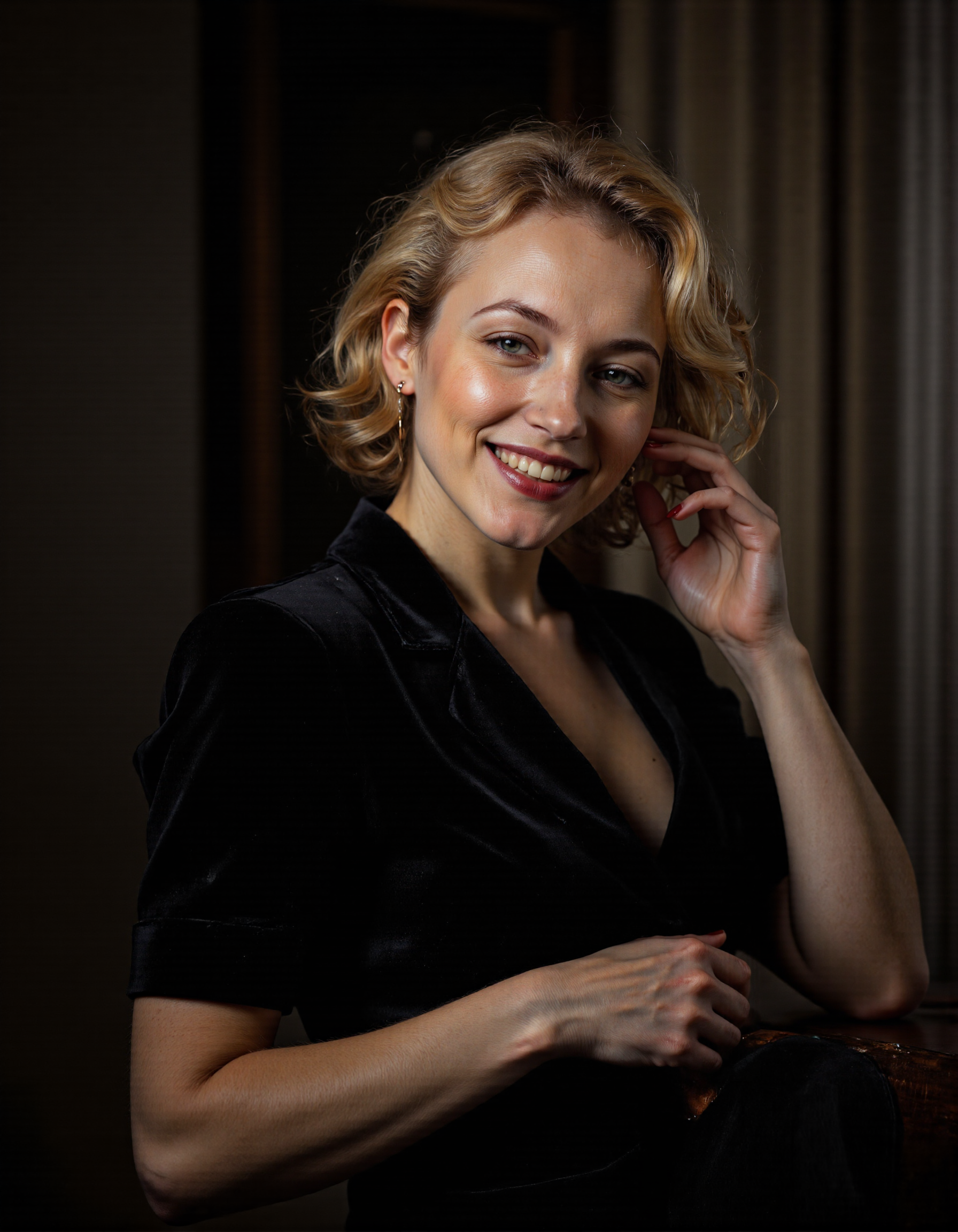 Rembrandt style This is a high-resolution, professional portrait photograph of a mature woman with a fair complexion and a slender, curvaceous figure. She has shoulder-length, wavy blond hair that frames her face and is styled to the side with one hand. Her eyes are a striking blue, and she wears dark, bold lipstick that matches the deep red hue of her nail polish. She is dressed in a form-fitting, short-sleeved black velvet jacket that accentuates her hourglass figure. The lighting in the photograph is soft and diffused, creating a gentle contrast that highlights her features without casting harsh shadows. The background is a neutral, muted gradient of light and dark tones, which keeps the focus entirely on the subject. The image has a moody and intimate feel, with a slightly blurred dark background that adds depth and mystery. The overall composition is balanced, with the woman's head slightly tilted to the side and her gaze directed directly at the camera, creating a direct and engaging connection with the viewer. The photograph is a masterful blend of artistry and technical skill, capturing the subject's beauty and personality in a refined and elegant manner., laughing, ;d, from_above, dutch angle, cinematic_angle, <lora:nastassia:1> . Baroque, chiaroscuro, realistic, emotional, "flat lighting