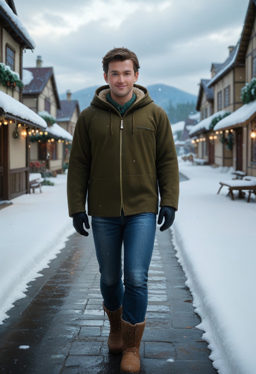 score_9, score_8_up, score_7_up, depth of field, highly detailed, high contrast, film grain, Rim Lighting, perfecteyes, medieval lake village, winter, cloudy sky, snowfall, snow, frozen lake,
BREAK
1male, 30 year old man, solo, closeup view, human, sapphire blue eyes, brown hair, slightly wavy hair, blue jeans, somewhat baggy jeans, black snow boots, dark green zipper hoodie, black snow gloves, walking down the street, walking through the snow