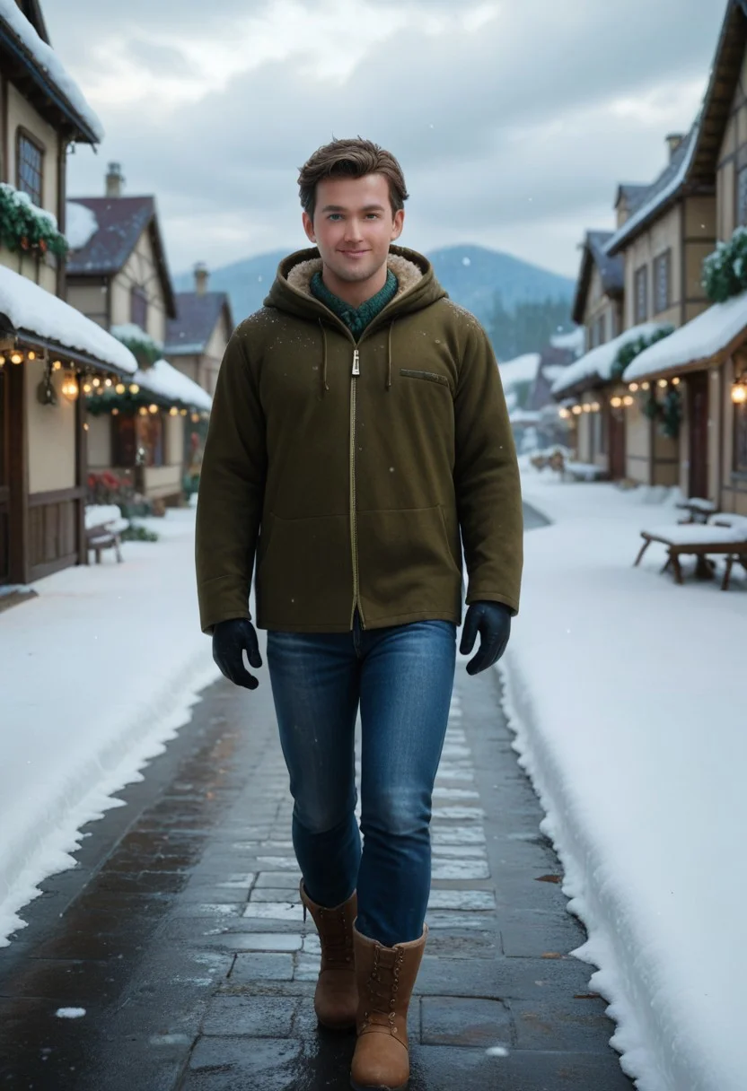 score_9, score_8_up, score_7_up, depth of field, highly detailed, high contrast, film grain, Rim Lighting, perfecteyes, medieval lake village, winter, cloudy sky, snowfall, snow, frozen lake,
BREAK
1male, 30 year old man, solo, closeup view, human, sapphire blue eyes, brown hair, slightly wavy hair, blue jeans, somewhat baggy jeans, black snow boots, dark green zipper hoodie, black snow gloves, walking down the street, walking through the snow