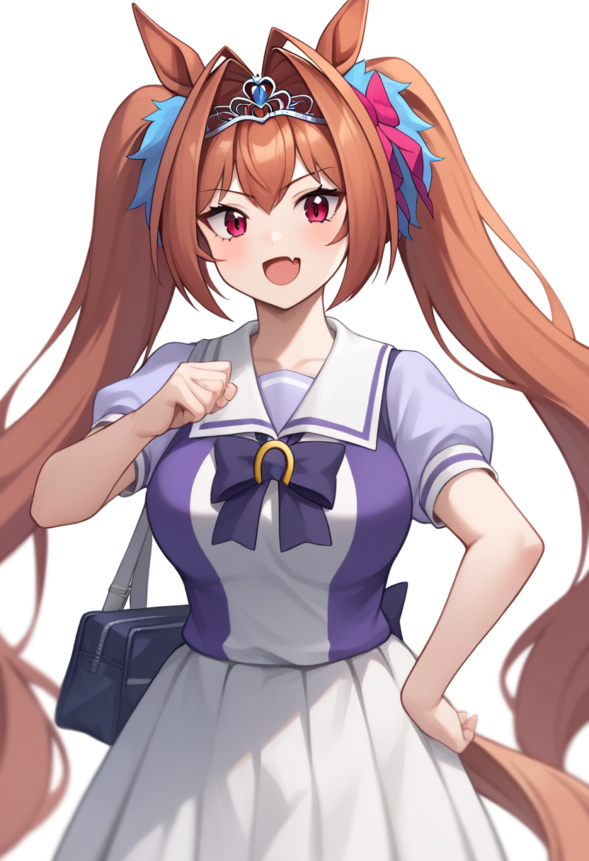 score_9,score_8_up,score_7_up,<lora:fumamusume_all:1>,1girl, absurdres, brown_hair, commentary_request, daiwa_scarlet_\(umamusume\), highres, horse_ears, horse_girl, looking_at_viewer, puffy_short_sleeves, simple_background, skin_fang, smile, solo, tiara, tracen_school_uniform, twintails, white_background
